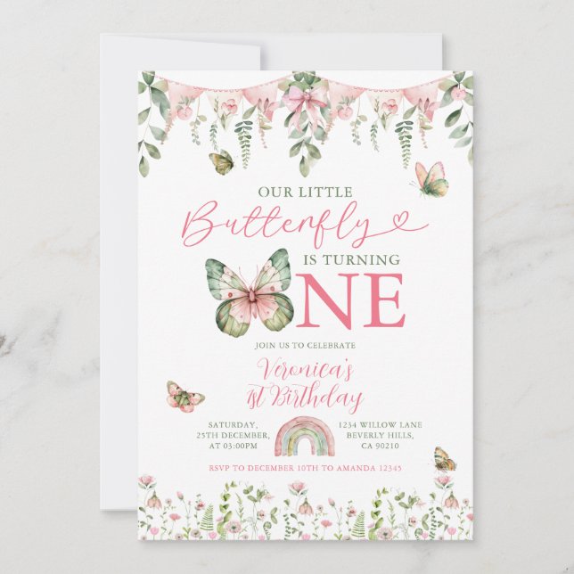Convite Our Little Butterfly is turning 1 Birthday Floral (Frente)