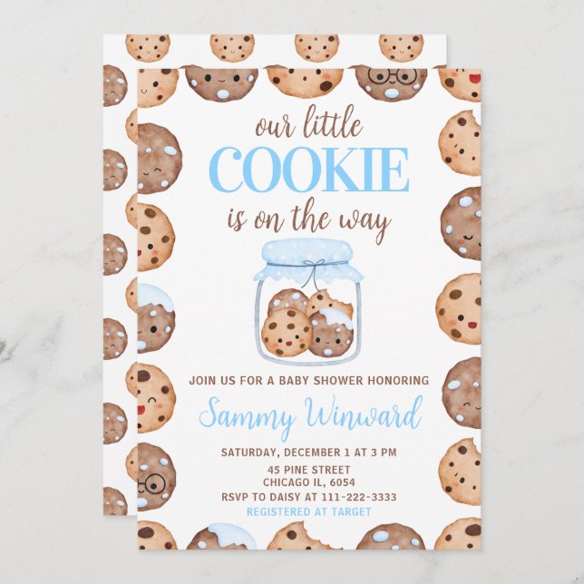 Convite Our Little Cookie Blue Baby Shower (Frente/Verso)
