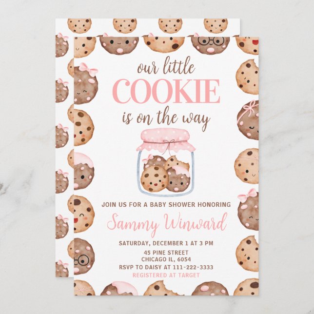 Convite Our Little Cookie Pink Baby Shower (Frente/Verso)