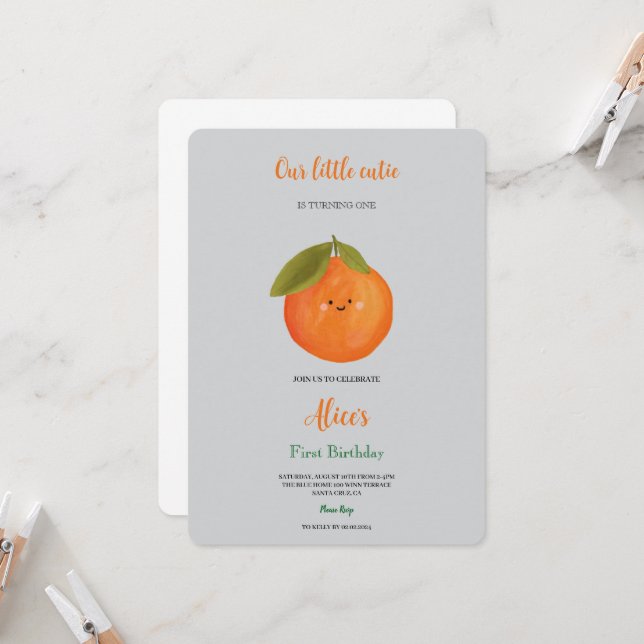 Convite Our little cutie orange design birthday invitation (Frente/Verso In Situ)
