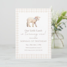 Convite Our Little Lamb Birthday Neutral Gingham