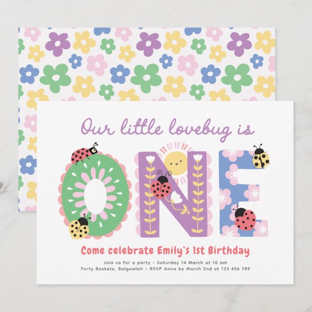 Convite Our Little Lovebug, Flowers First Birthday Party (Frente/Verso)