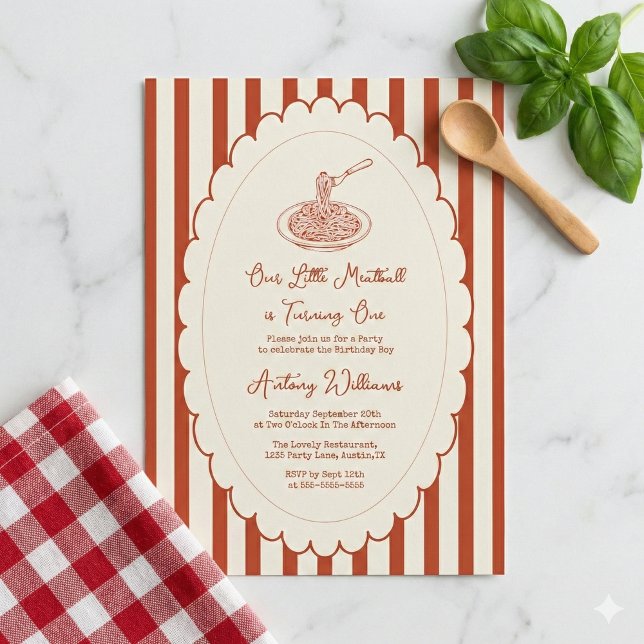 Convite Our little meatball is turning one 1st Birthday  (Criador carregado)