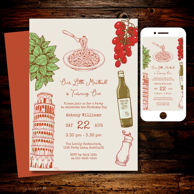 Convite Our little meatball is turning one 1st Birthday  (Criador carregado)