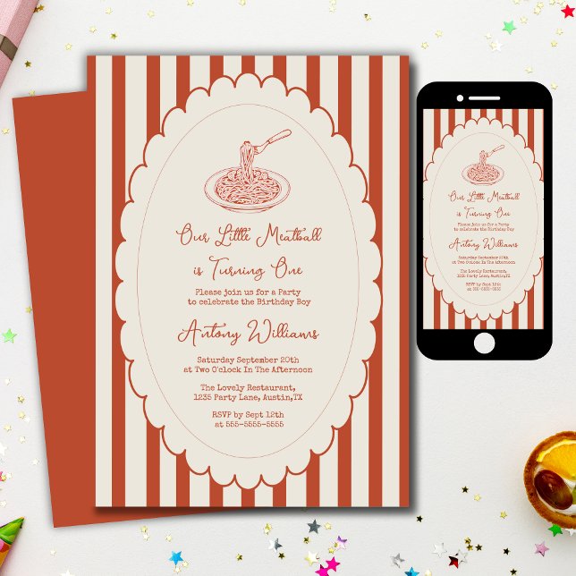 Convite Our little meatball is turning one 1st Birthday  (Criador carregado)