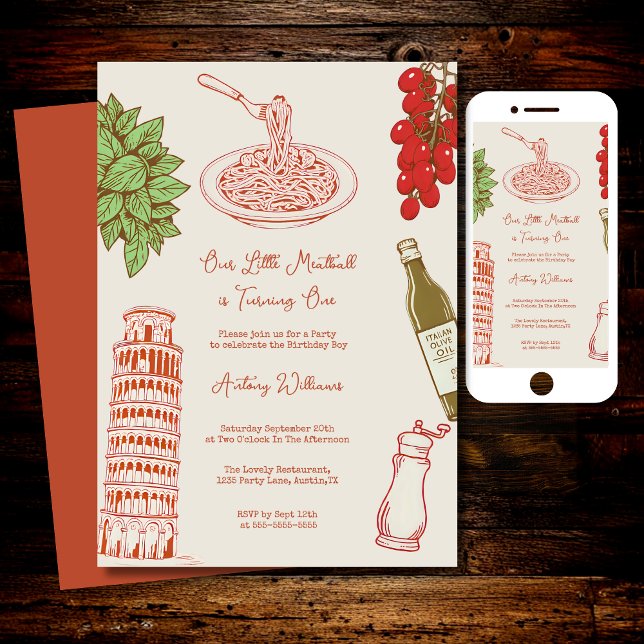 Convite Our little meatball is turning one 1st Birthday  (Criador carregado)