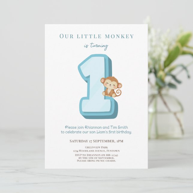 Convite Our Little Monkey Blue 1st Birthday invitation (Em pé/Frente)