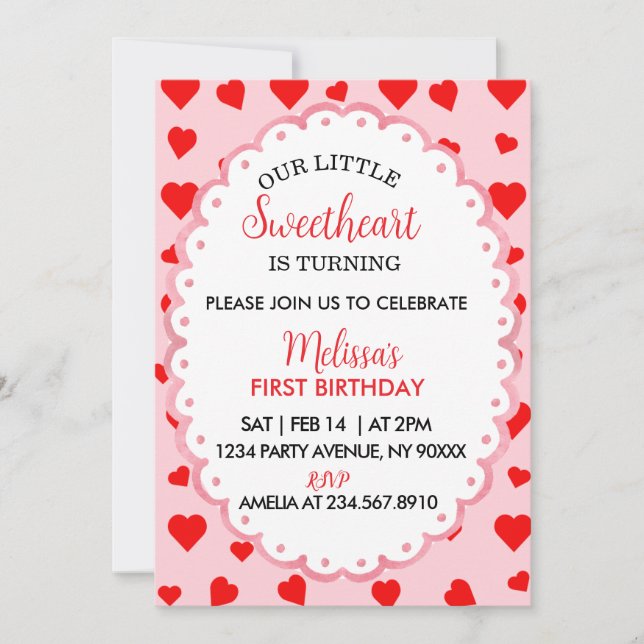 Convite Our Little Sweetheart First Birthday Invitation. (Frente)