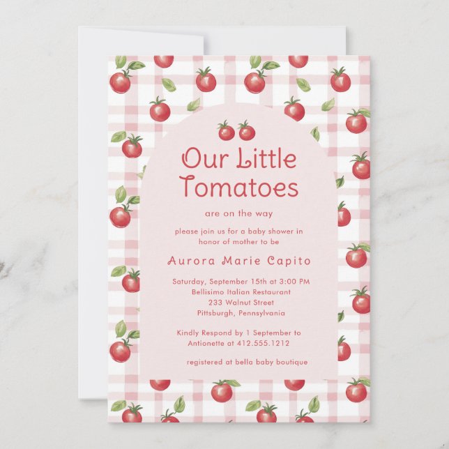 Convite Our Little Tomatoes  Baby Shower Invitation Pink  (Frente)