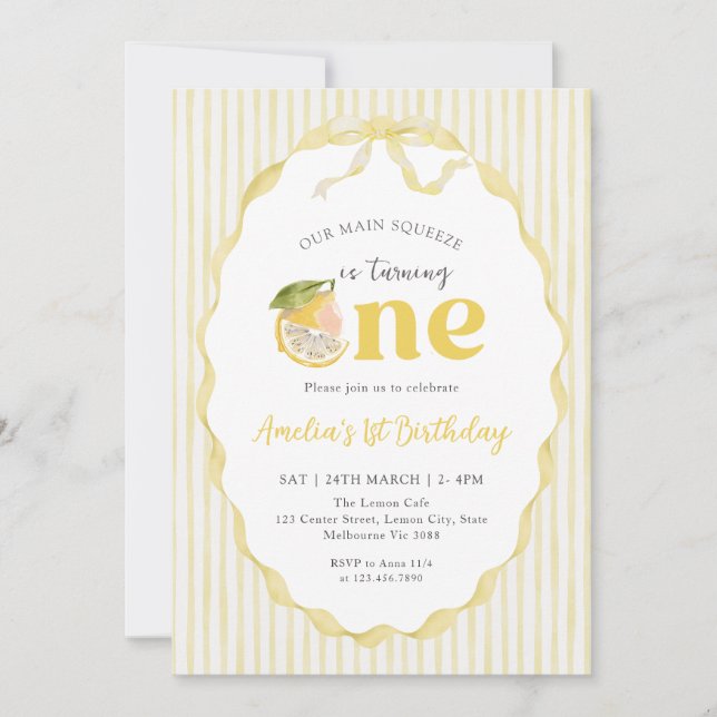 Convite Our main Squeeze Lemon Citrus 1st Birthday (Frente)