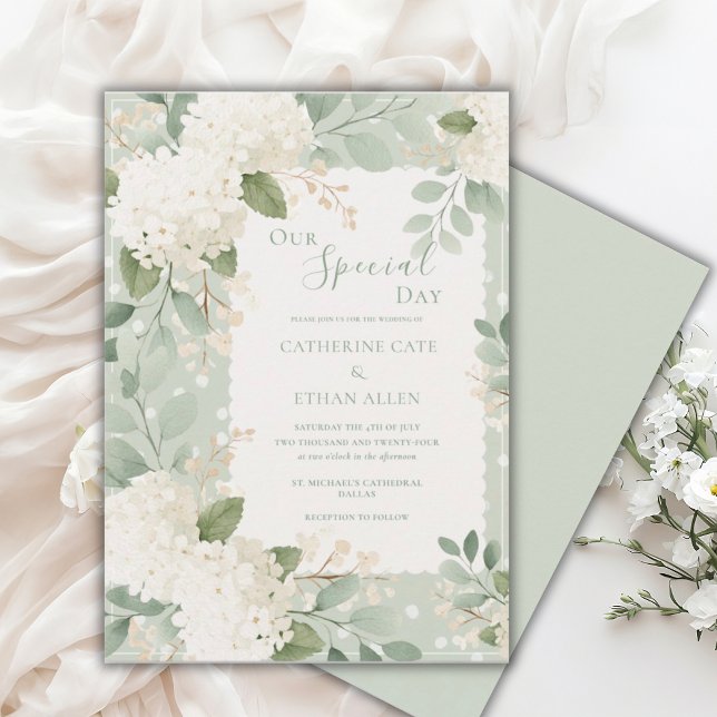 Convite Our Special Day White Hydrangeas Vintage Wedding (Criador carregado)