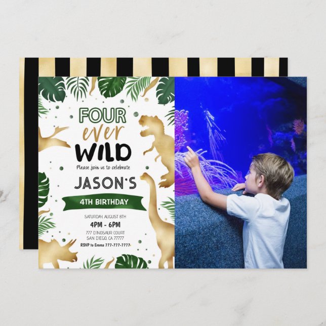 Convite Ouro 4ª Foto da Festa de aniversário do Dinossauro (Frente/Verso)