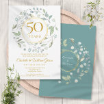 Convite Ouro 50º Aniversário do Casamento Laurel Greenery<br><div class="desc">Um terreno decorativo verde-verde circunda uma falsa borda de folha de ouro contendo texto de 50 anos de aniversário. Abaixo, os detalhes do evento de aniversário são definidos em texto elegante clássico. O reverso apresenta o conjunto de nomes de casais casados dentro de uma granja de folha de ouro floral...</div>