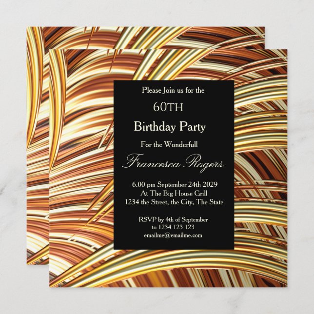 Convite Ouro 60ª Festa de aniversário moderna preto (Frente/Verso)