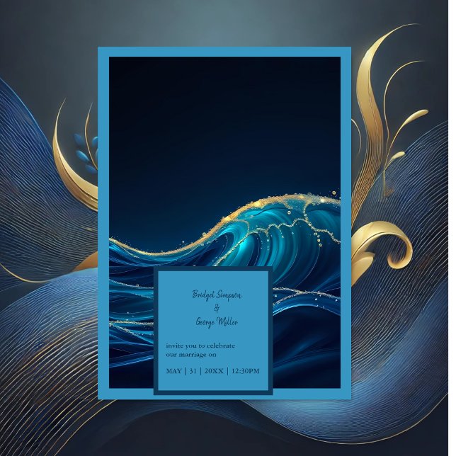 Convite Ouro Accentado Casamento das Ondas do Oceano Abstr (Criador carregado)