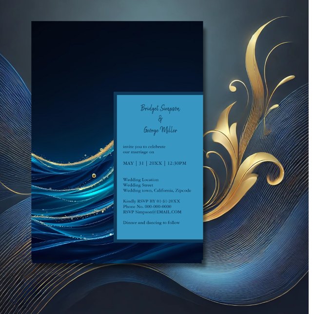 Convite Ouro Accentado Casamento das Ondas do Oceano Abstr (Criador carregado)