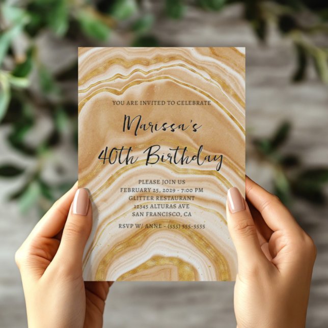 Convite Ouro Agate Faux (Faux Golden Agate 40th Birthday Invitation)