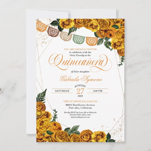 Convite Ouro Amarelo Picado Fiesta Quinceañera (Frente)