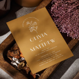 Convite Ouro Amber Floral Minimalista Casamento. QR e Foto