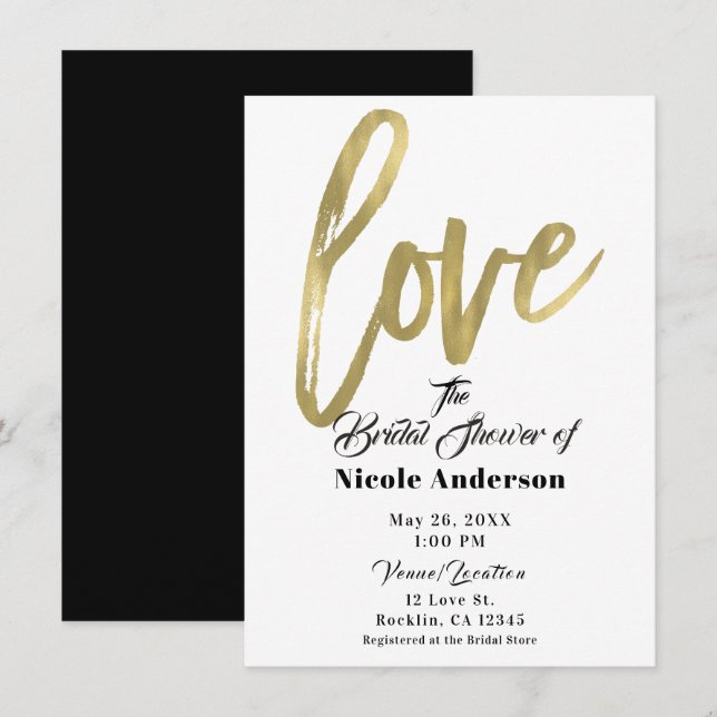 Convite Ouro AMOR Moderno Script Casamento com Pincel (Frente/Verso)