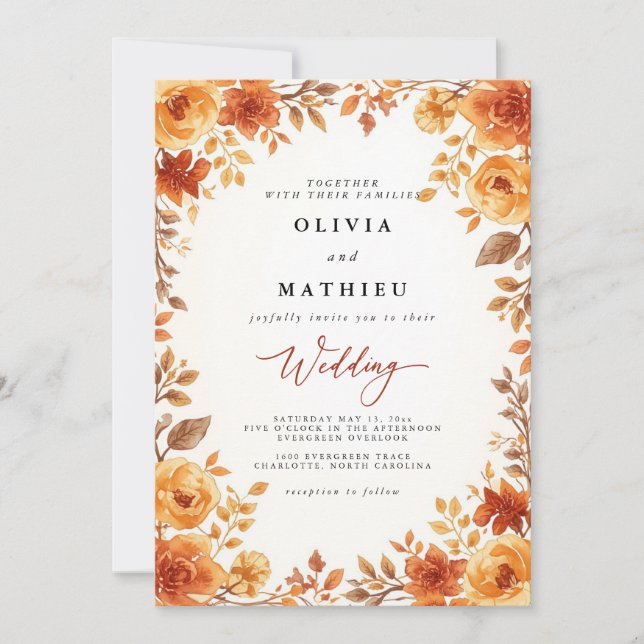 Convite Ouro Autumn Floral Romance Wedding (Frente)