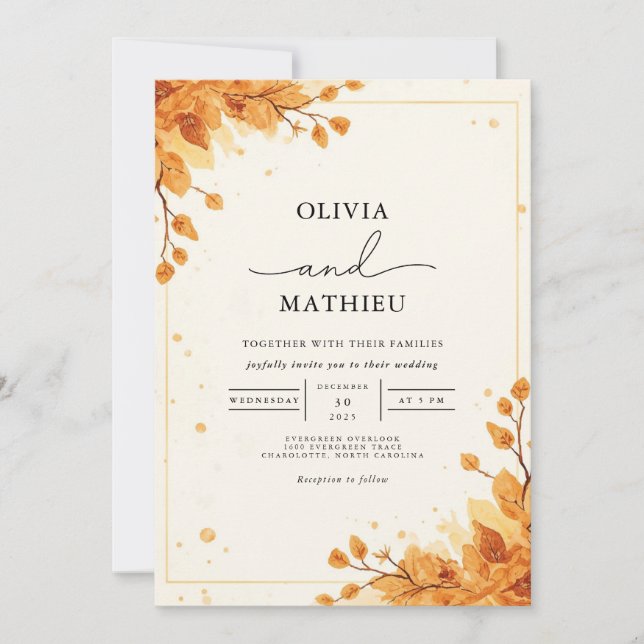 Convite Ouro Autumn Foliage Romance Wedding (Frente)