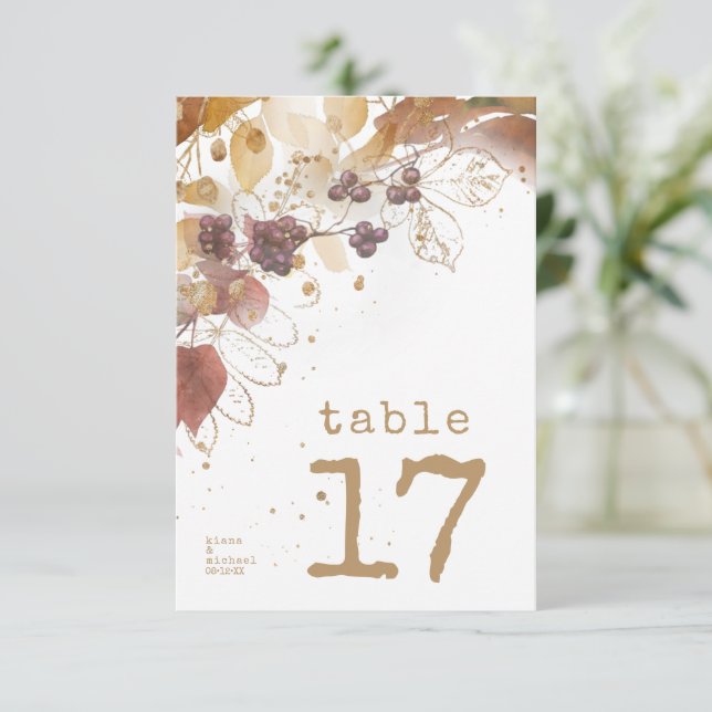 Convite Ouro Autumn Wedding Berries Table Number ID655 (Em pé/Frente)