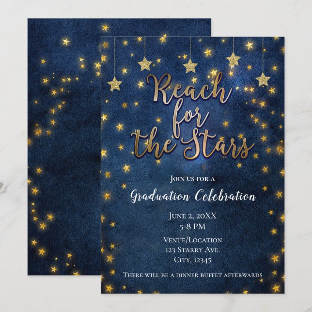 Convite Ouro Azul Alcançar as Estrelas Graduação Celestial (Frente/Verso)