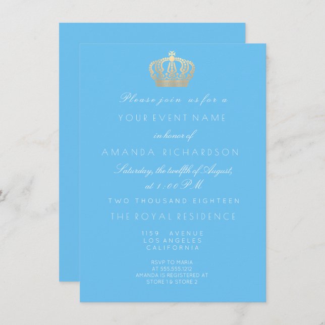 Convite Ouro Azul Coroa Real Pastel Branco (Frente/Verso)