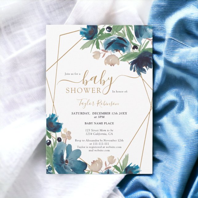 Convite Ouro azul empoeirado Chá de fraldas floral (Elegant dusty blue gold Floral Baby shower Invitation)