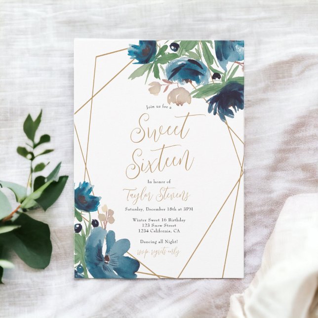 Convite Ouro azul empoeirado Elegante Molor de Água Floral (Elegant dusty blue gold Floral Watercolor Sweet 16 Invitation)