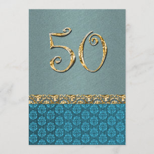 Convite Ouro azul eslegante 50ª damask ANY AGE