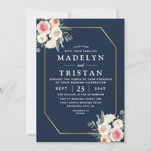 Convite Ouro Azul floral Minimalista Foto Casamento