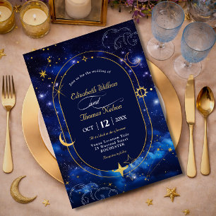 Convite Ouro azul lua mística astronomia celestial casamen
