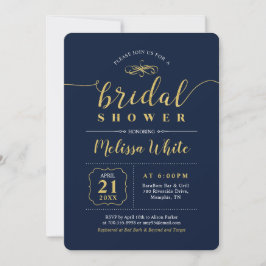 Convite Ouro & Azul Marinho | Chuveiro Nupcial Elegante