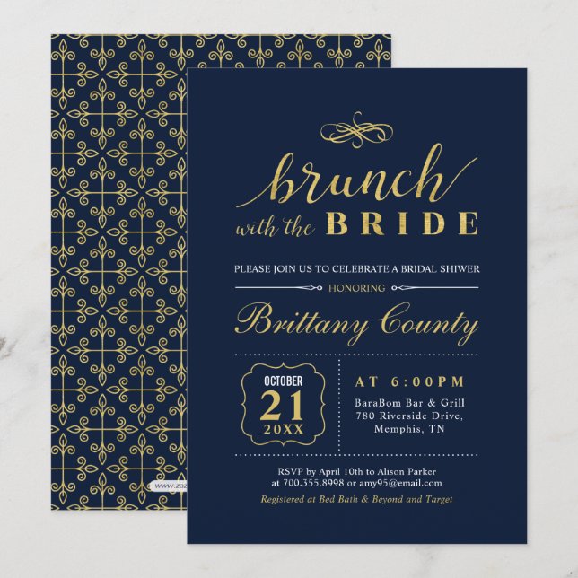 Convite Ouro & Azul-Navy | Chá de Noiva de Casamento Elega (Frente/Verso)