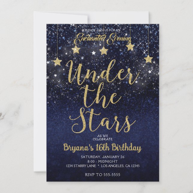 Convite Ouro Azul Sob as Estrelas Noite Estrelada Doce 16 (Frente)