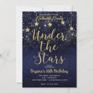 Convite Ouro Azul Sob as Estrelas Noite Estrelada Doce 16