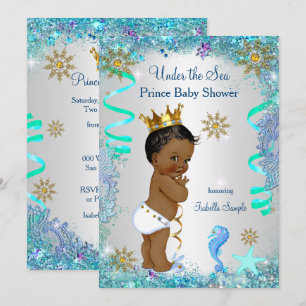 Convite Ouro Azul Sob o Mar Príncipe Baby Shower Étnico