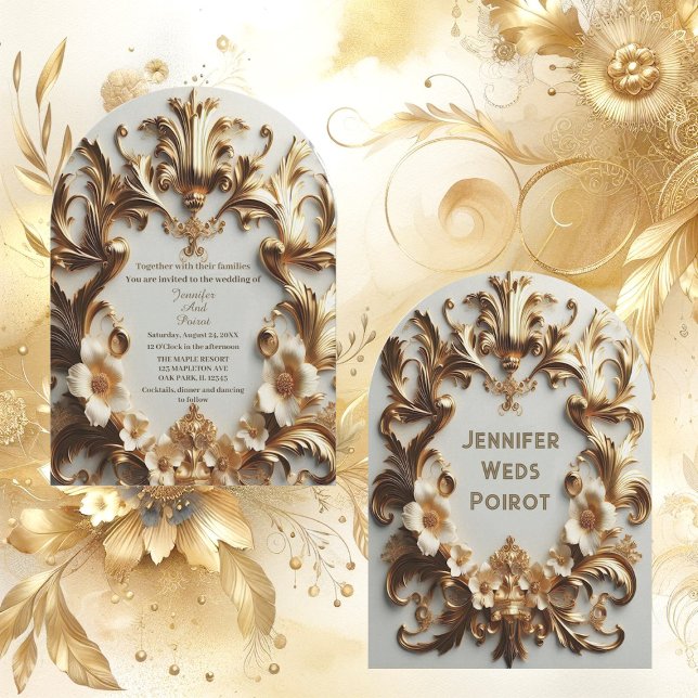 Convite Ouro Barroco Grandeur Branco Flor Arrancado (Golden Baroque Grandeur White Flower Swirl Arched Invitation)