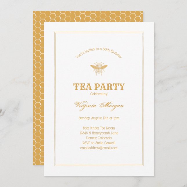 Convite Ouro Bee e Honeycomb Tea Party (Frente/Verso)
