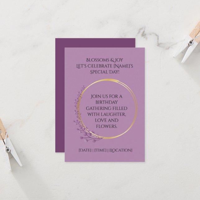 Convite Ouro Bloom Festa de aniversário (Frente/Verso In Situ)