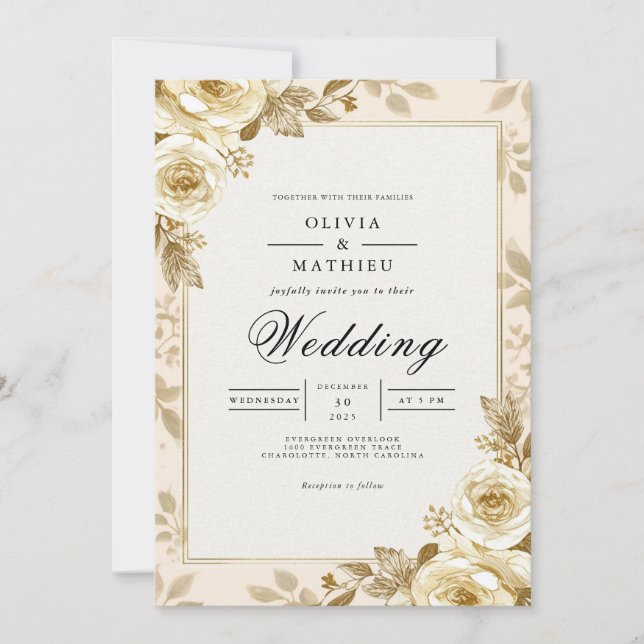 Convite Ouro Bloom Floral Frame Wedding (Frente)