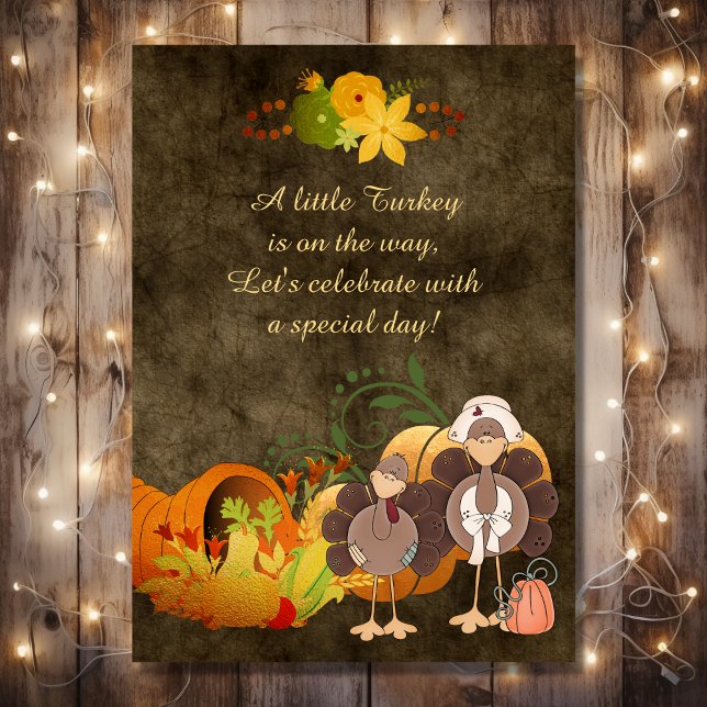 Convite Ouro  Bonito Chá de fraldas Turco (Front - Cute Golden Thanksgiving Boy Turkey Baby Shower Invitation)