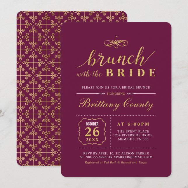 Convite Ouro & Borgonha | Brunch de Noiva para Casamento E (Frente/Verso)
