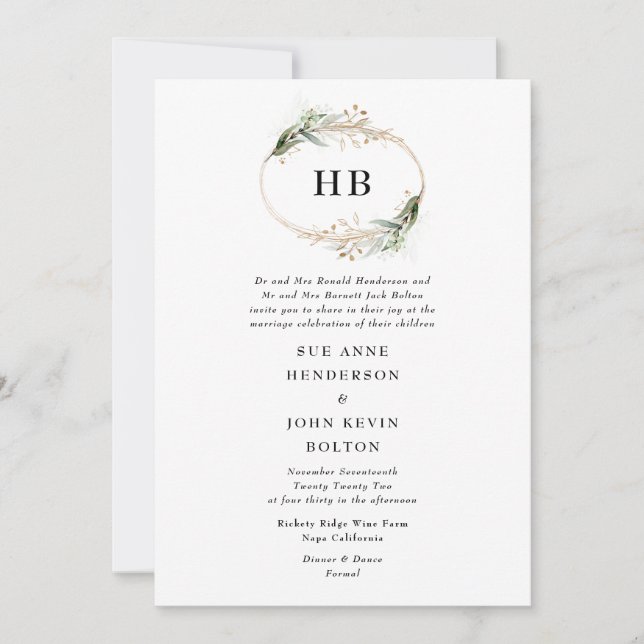 Convite Ouro Botânico Eucalyptus Wreath Monograma Verde (Frente)