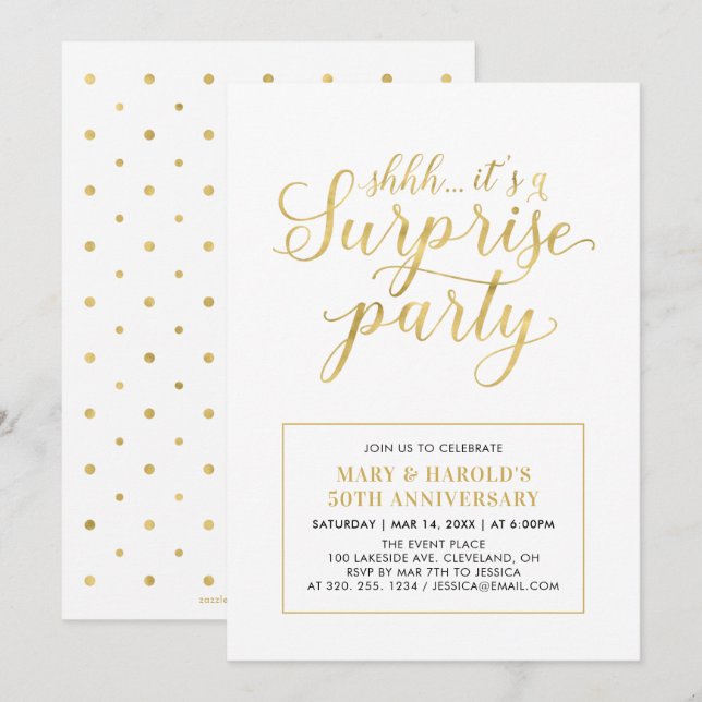 Convite Ouro & Branco | 50º Aniversário de Casamento Surpr (Frente/Verso)