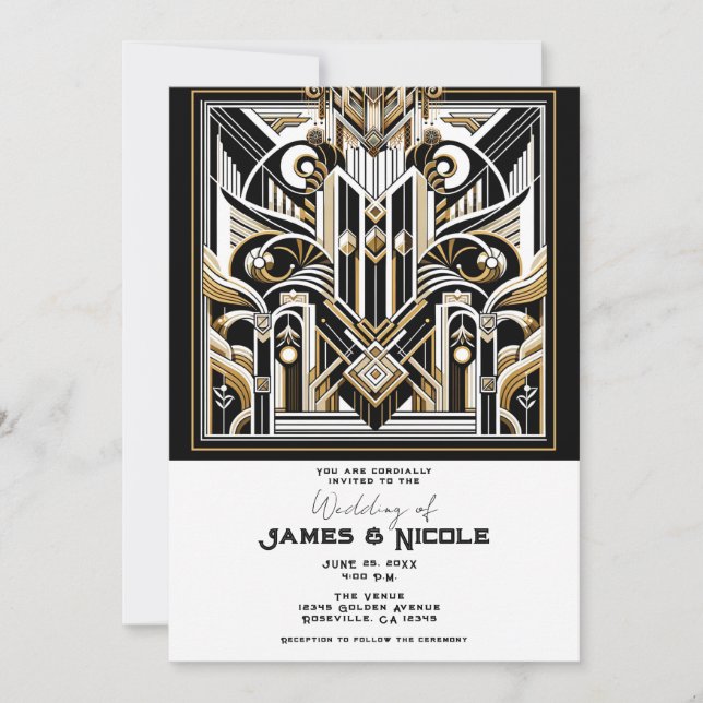 Convite Ouro Branco Arte Deco Casamento Roaring 20's (Frente)