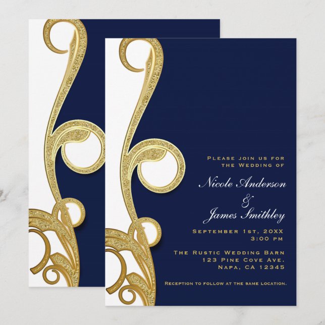 Convite Ouro Branco Azul Marinho Chic Elegante Redemoinho  (Frente/Verso)