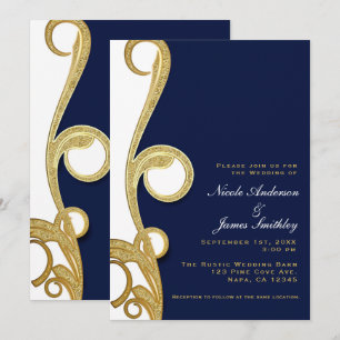 Convite Ouro Branco Azul Marinho Chic Elegante Redemoinho 
